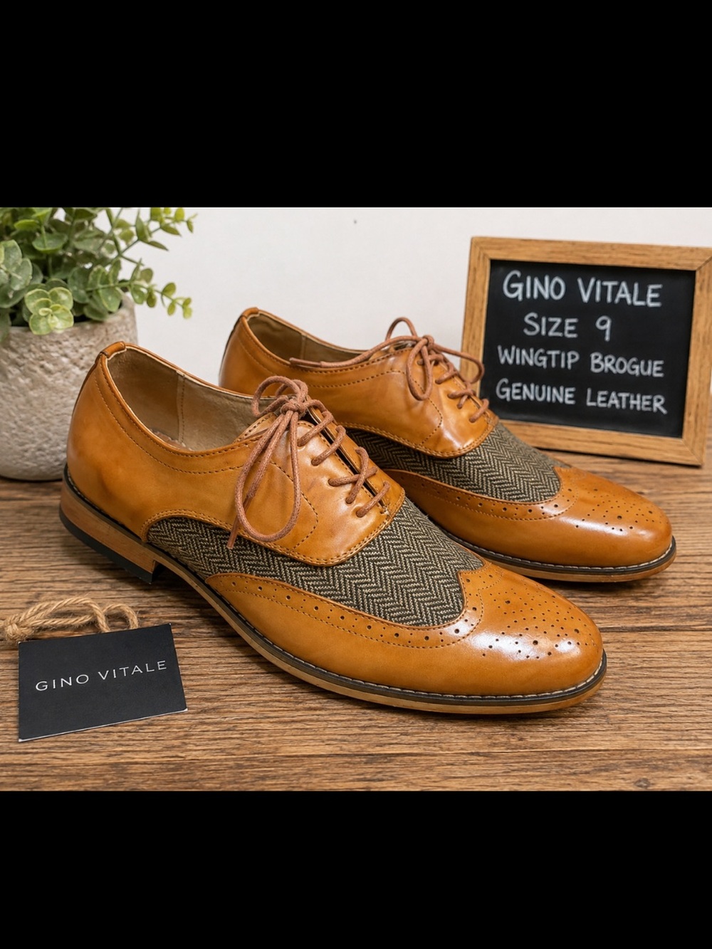 Gino Vitale Men's Tan Wingtip Brogue Herringbone Leather Oxfords